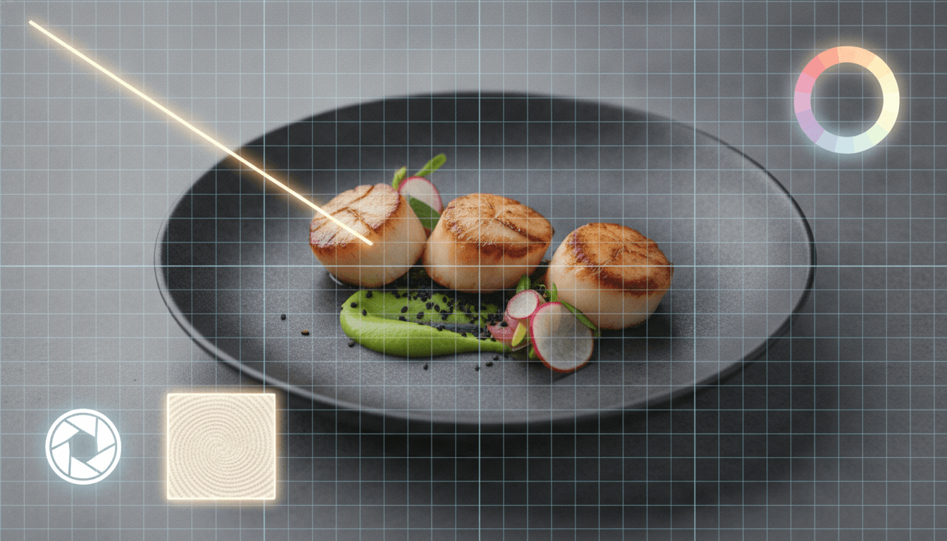 A visual breakdown of a food photograph split into its component parts: composition, lighting direction, camera angle, surface texture, and color palette.